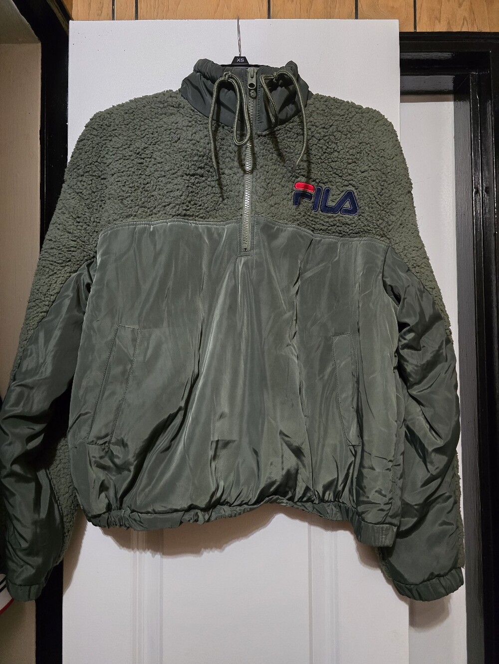 Fila Olive Green Women's Sherpa-Lined Quarter Zip Pullover W Cinched Waist Large